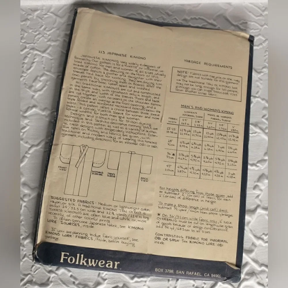 Folkwear Pattern Japanese Kimono #113 (Never used)